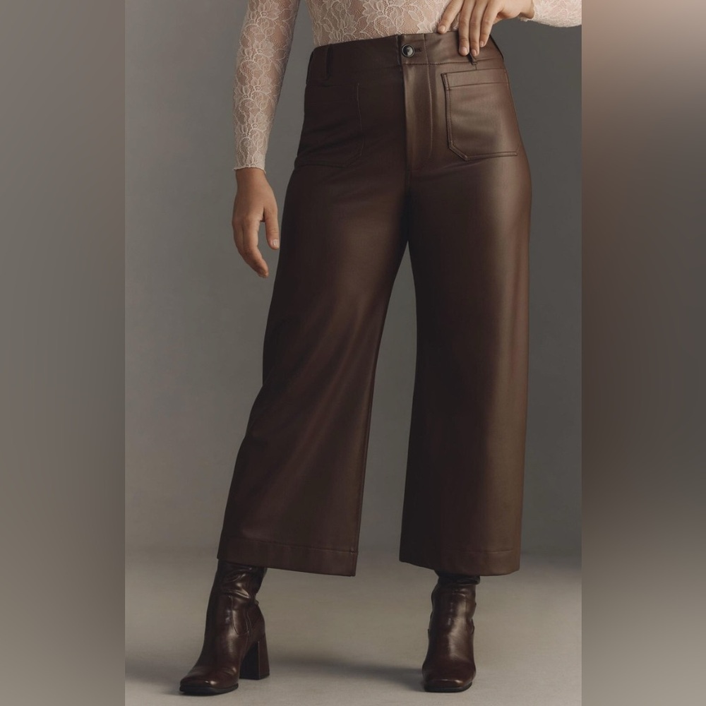 Anthropologie Maeve Colette Cropped Dk Brown Faux Leather Pants EUC 22W Plus
